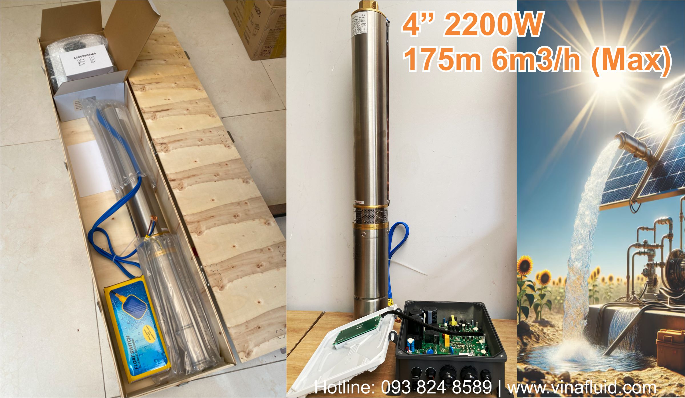 Máy bơm hỏa tiễn NLMT DC 4 inch 2200W 175m 6m3/h tối đa